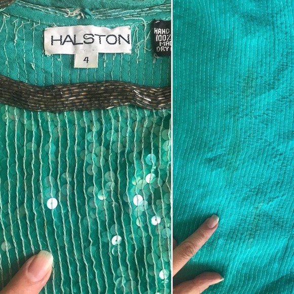 vintage 70s Jade Green HALSTON Sequined COCKTAIL DRESS Small/4 designer party - Picture 4 of 10